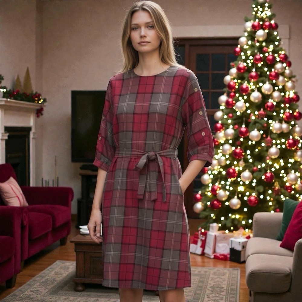 Albert Nipon Vintage 80s Plaid Dress‎ Red Wool Knee length Size M Holiday Office